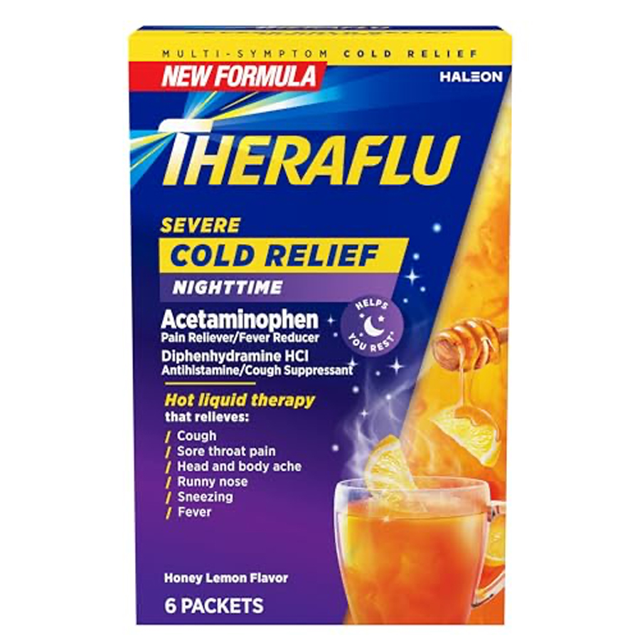THERAFLU SEVERE COLD RELIEF POWDER 6 CT NIGHTTIME HONEY LEMON FLAVOR NON PE