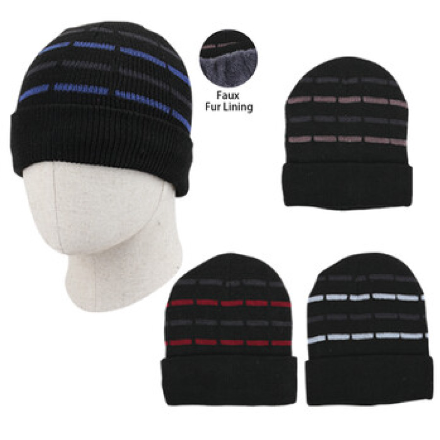THERMAXXX MEN'S HAT 1 PK WITH FUR LINING DASH STRIPES