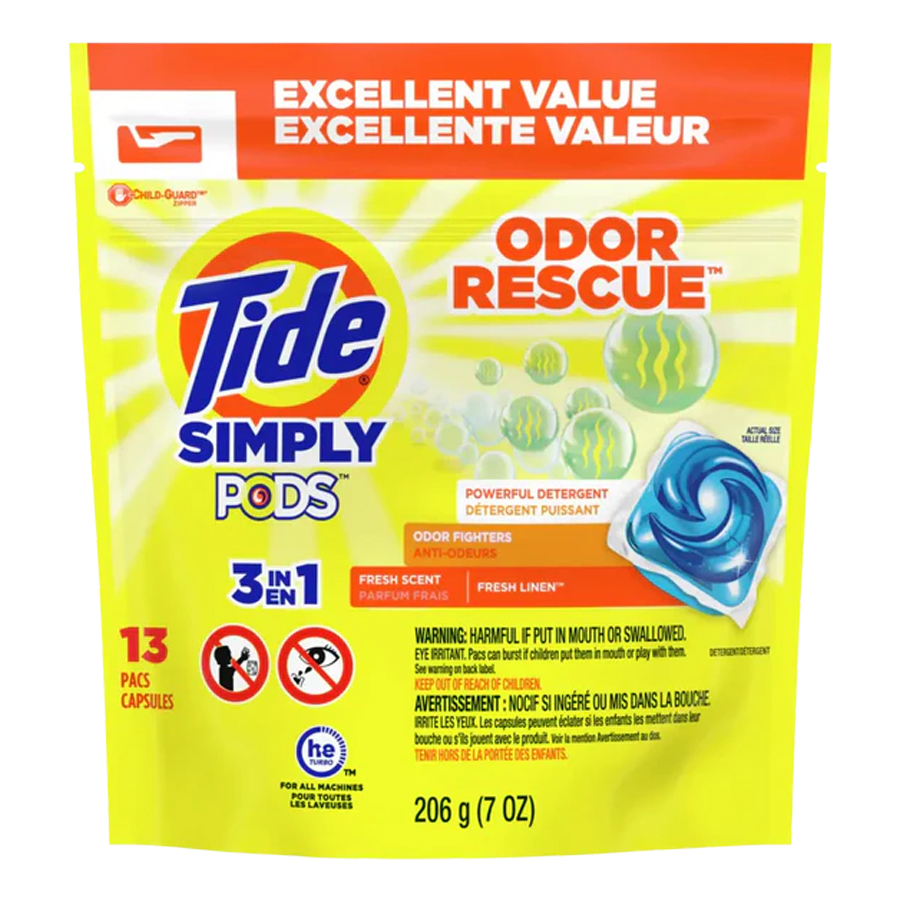 TIDE SIMPLY PODS OXI + ODOR DEFENSE LIQUID LAUNDRY DETERGENT PACS, 3-IN-1 13 COUNT