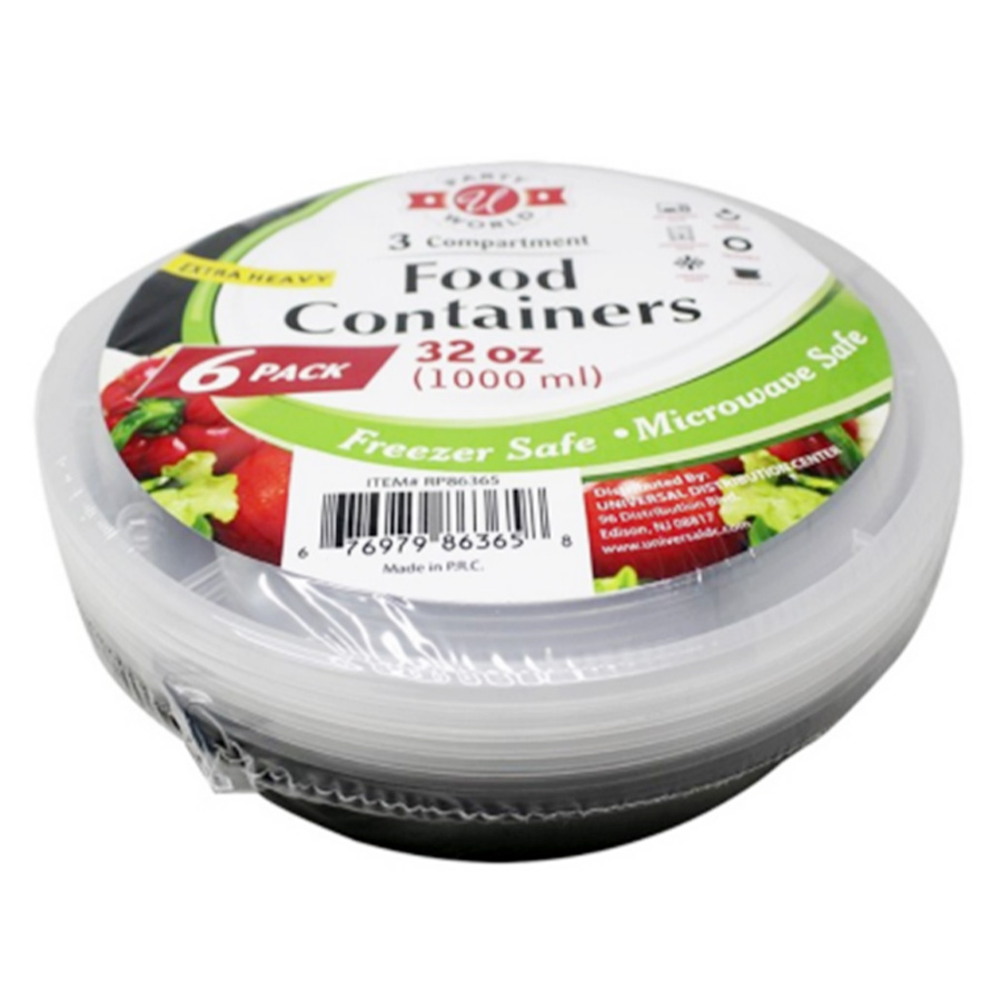 UNIVERSAL CONTAINER 32 OZ 6 PK 3 COMPARTMENT BLACK & WHITE ROUND