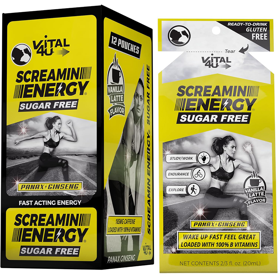 VITAL 4 U SCREAMIN ENERGY 1 CT SUGAR FREE PANAX GINSENG VANILLA LATTE FLAVOR