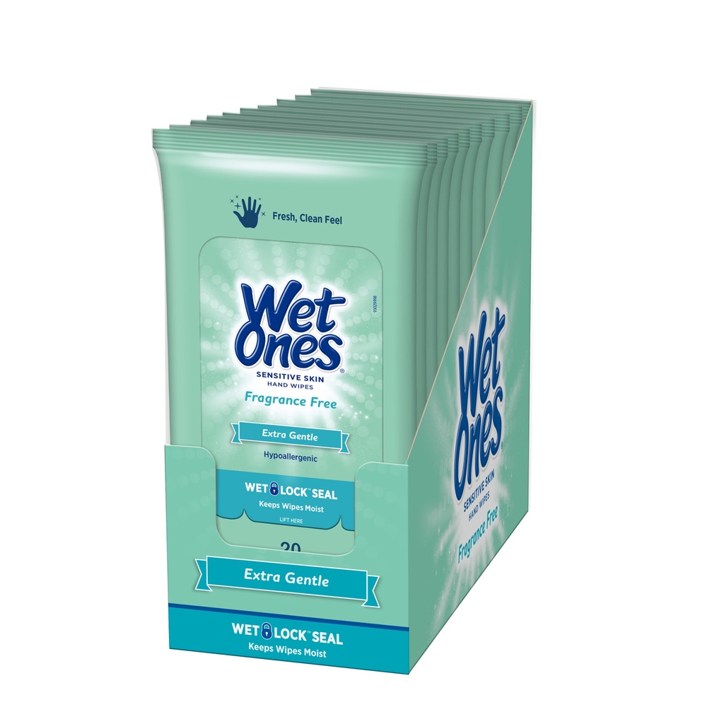 WET ONES WIPES 20 CT GREEN SENSETIVE SKIN DISPLAY TRAVIL SIZE