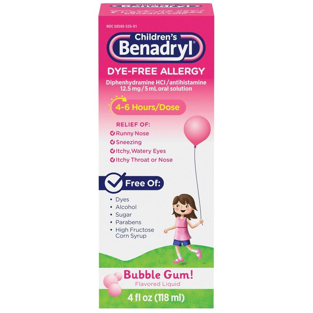 BENADRYL ALLERGY RELIEF 4 OZ CHILDRENS LIQUID DYE FREE BUBBLE GUM