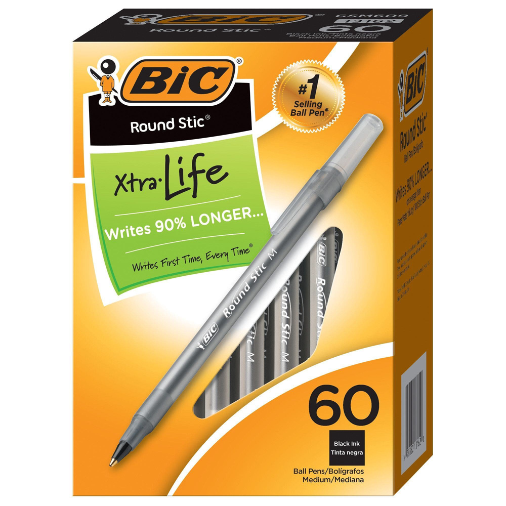 BIC PENS 60 CT ROUND STIC BLACK XTRA LIFE