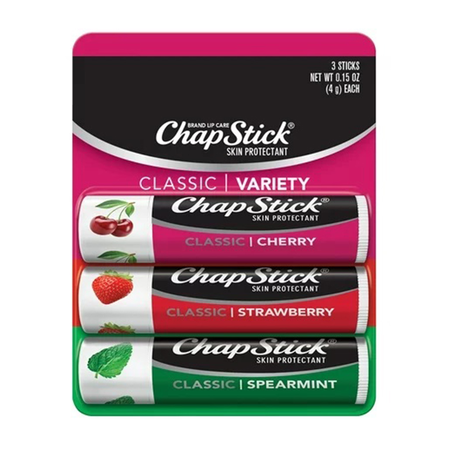 CHAPSTICK LIP BALM 3 CT BLISTER CARD CHERRY, STRAWBERRRY, & SPEARMINT