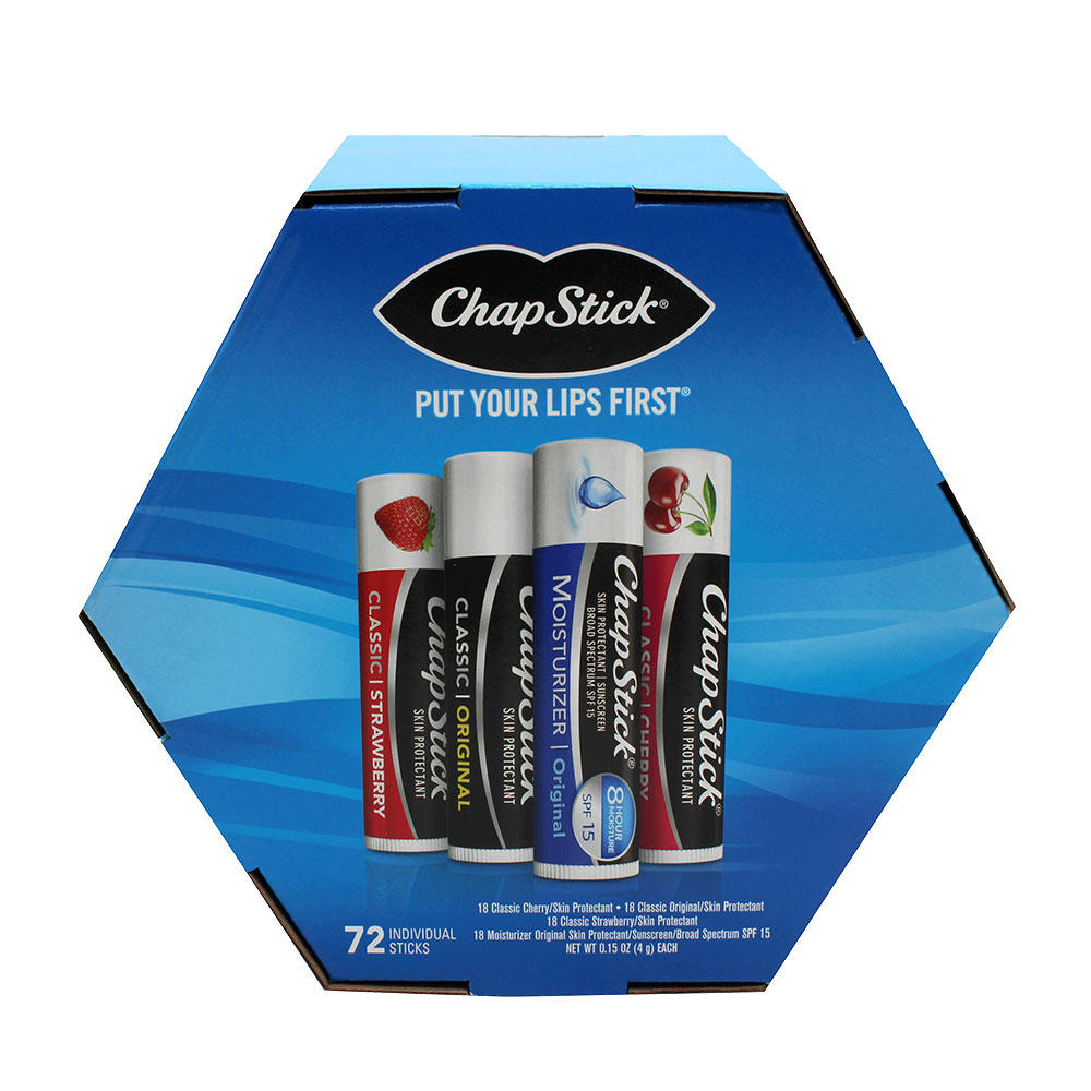 CHAPSTICK LIP BALM FISH BOWL ASSORTED 72 CT (ORIGINAL, CHERRY, STRAWBERRY, MOISTURIZER)