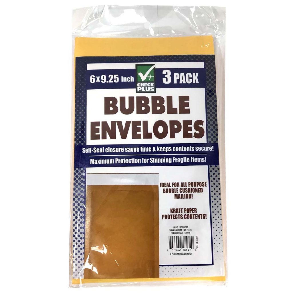 CHECK PLUS BUBBLE ENVELOPE 6 X 9.25 IN 3 PK