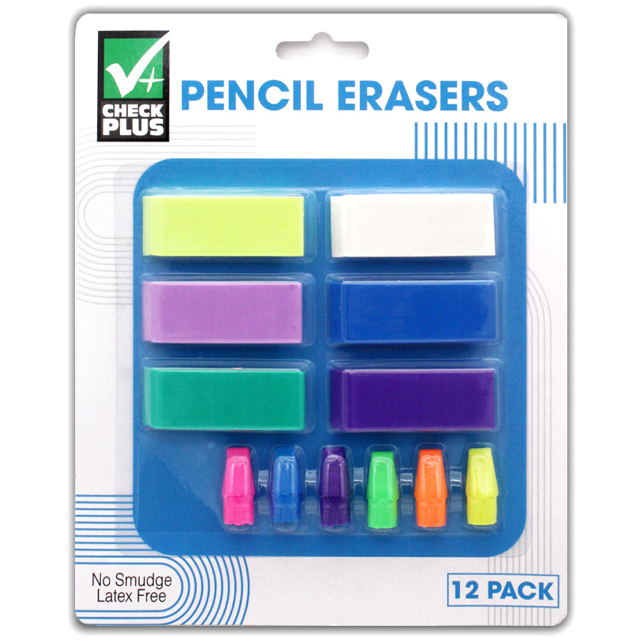 CHECK PLUS ERASERS 12 PK ASSORRTED COLORS