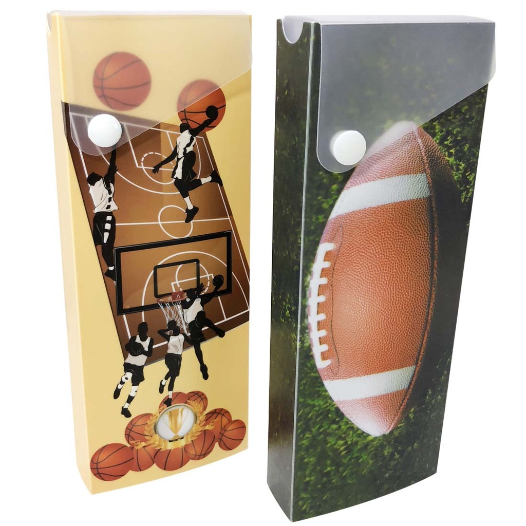 CHECK PLUS PENCIL BOX 8 X 3 IN BASKETBAL AND FOOTBAL ASSORTED