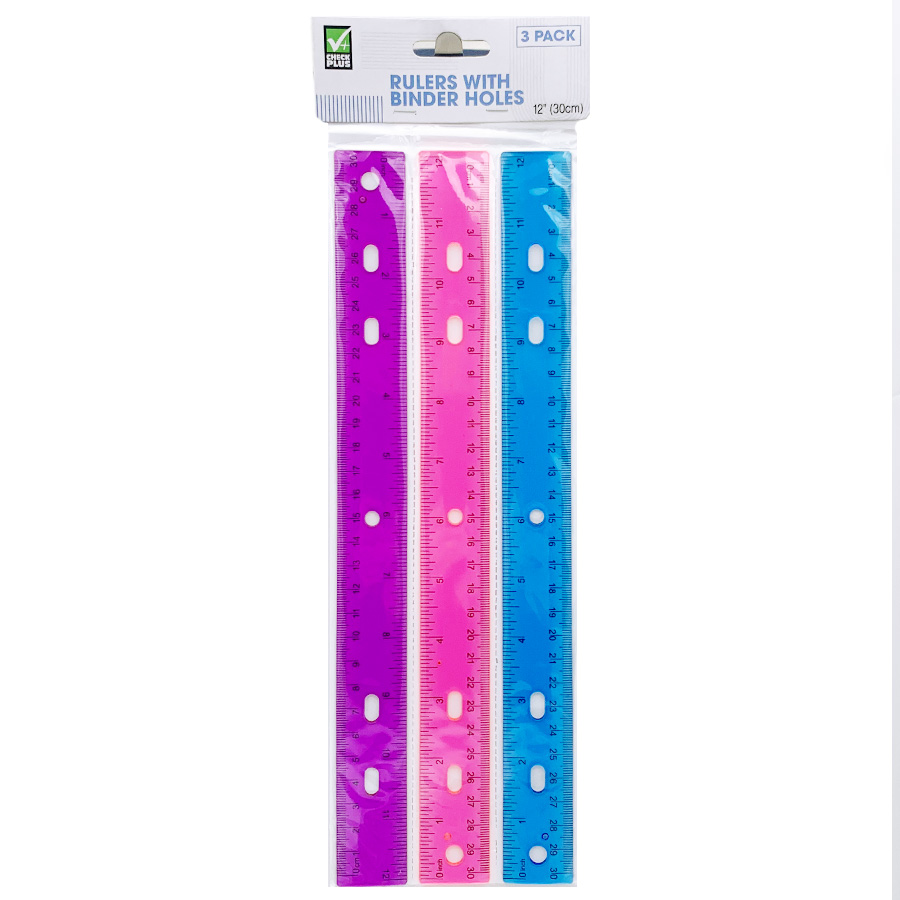 CHECK PLUS PLASTIC RULER 3 CT WITH BINDER HOLES ASSORTED COLORS