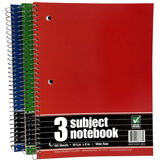 CHECK PLUS SPIRAL NOTEBOOK 120 SHEET 10.5 X 8 IN 3 SUBJECT ASSORTED