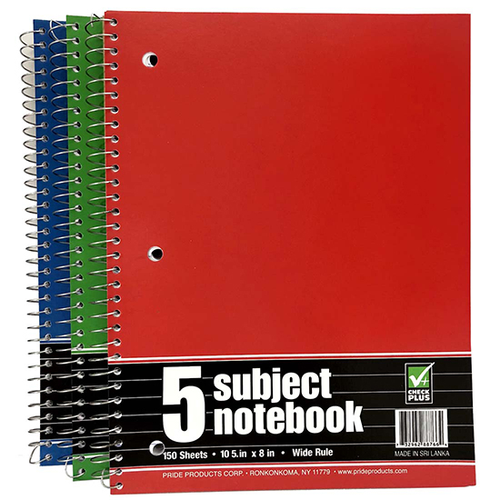 CHECK PLUS SPIRAL NOTEBOOK 150 SHEET 10.5 X 8 IN 5 SUBJECT ASSORTED