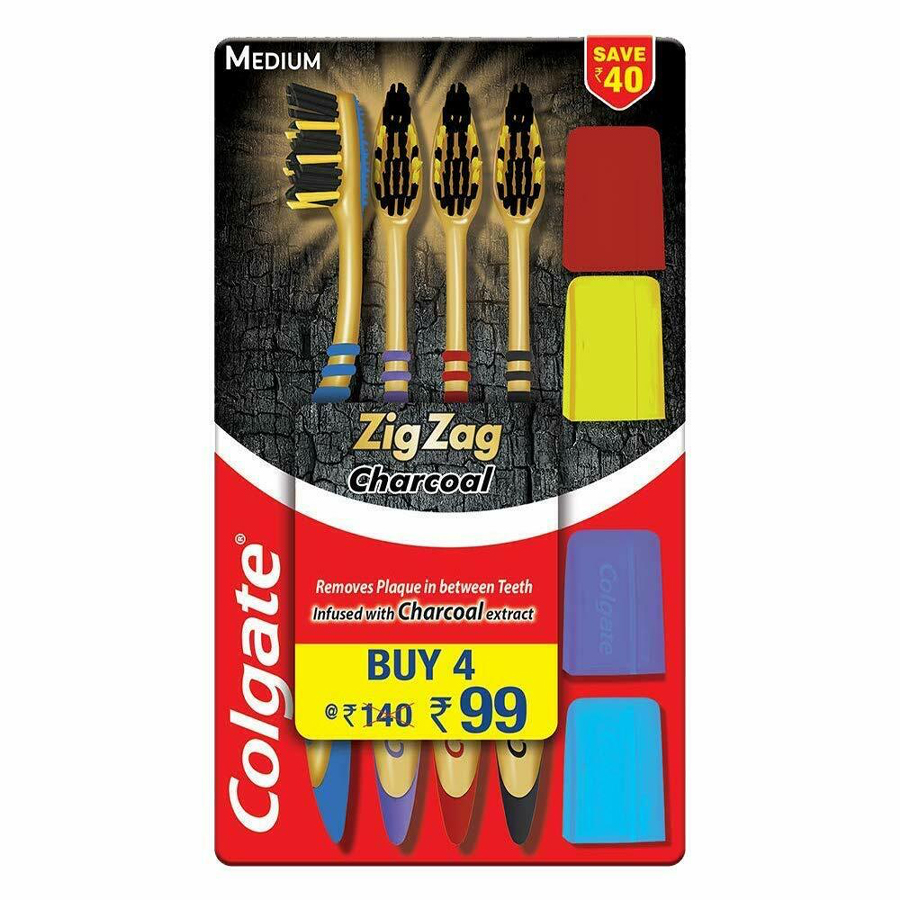 COLGATE TOOTHBRUSH 4 CT ZIG ZAG CHARCOAL DEEP CLEAN