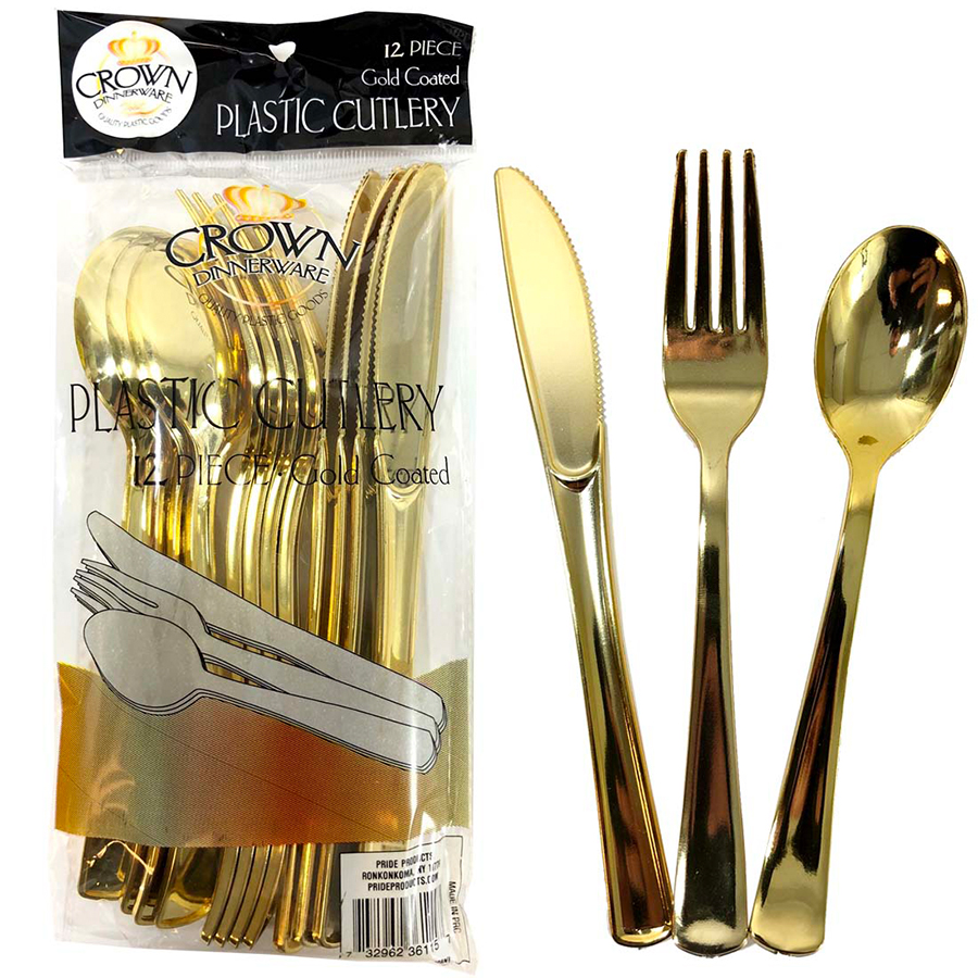 CROWN DINNERWARE PLASTIC CUTLERY COMBO 12 CT GOLD COATED