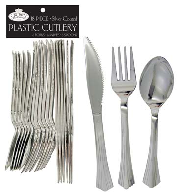 CROWN DINNERWARE PLASTIC CUTLERY COMBO 18 CT SILVER COATED