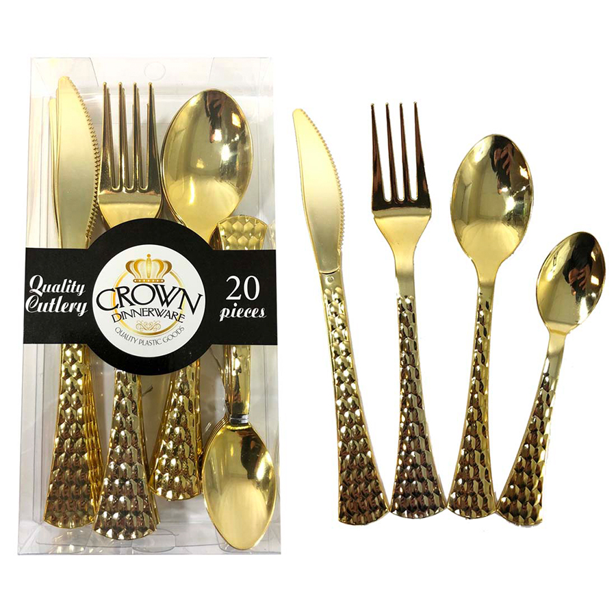 CROWN DINNERWARE PLASTIC CUTLERY COMBO 20 CT ROYAL COLLECTION GOLD IN PVC BOX