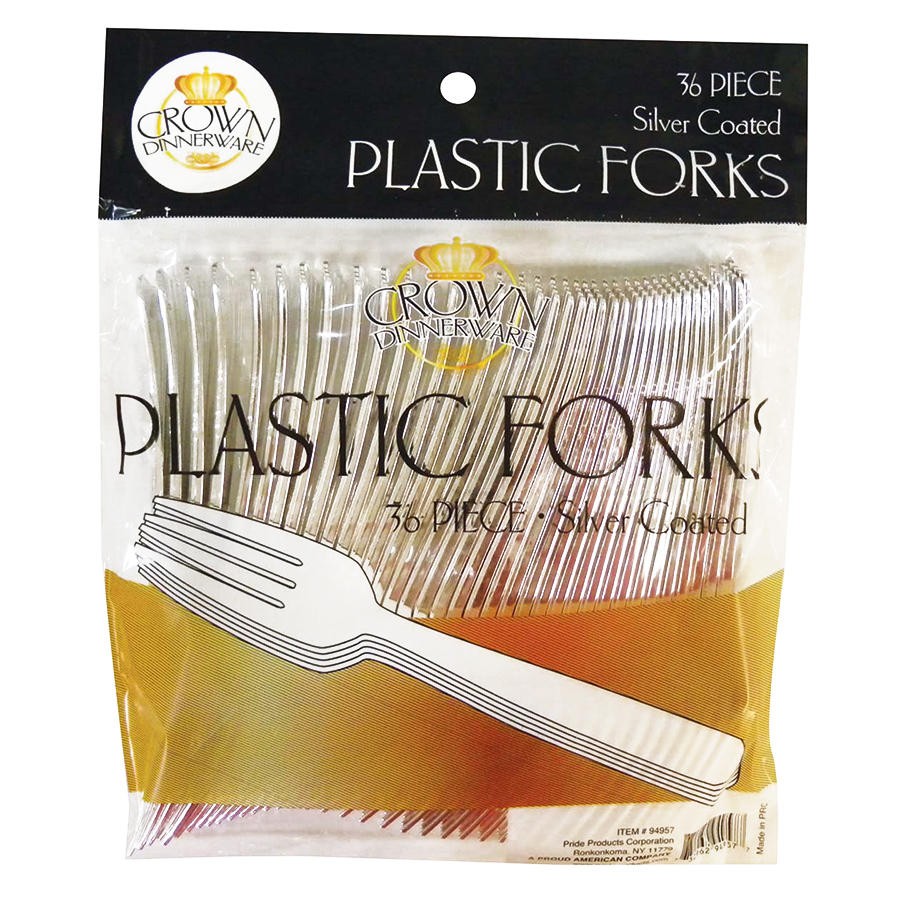 CROWN DINNERWARE PLASTIC CUTLERY FORK 36 CT SILVER COATED