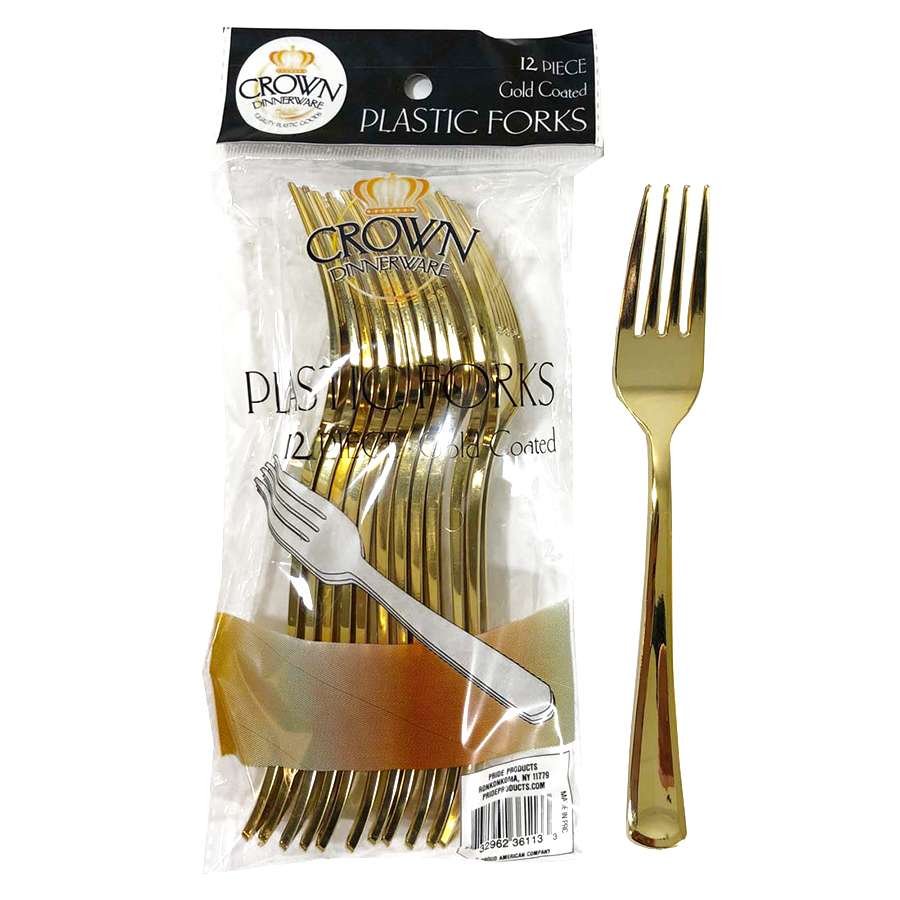 CROWN DINNERWARE PLASTIC CUTLERY FORKS 12 CT GOLD COATED