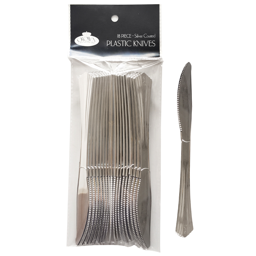 CROWN DINNERWARE PLASTIC CUTLERY KNIFE 18 CT SILVER COATED