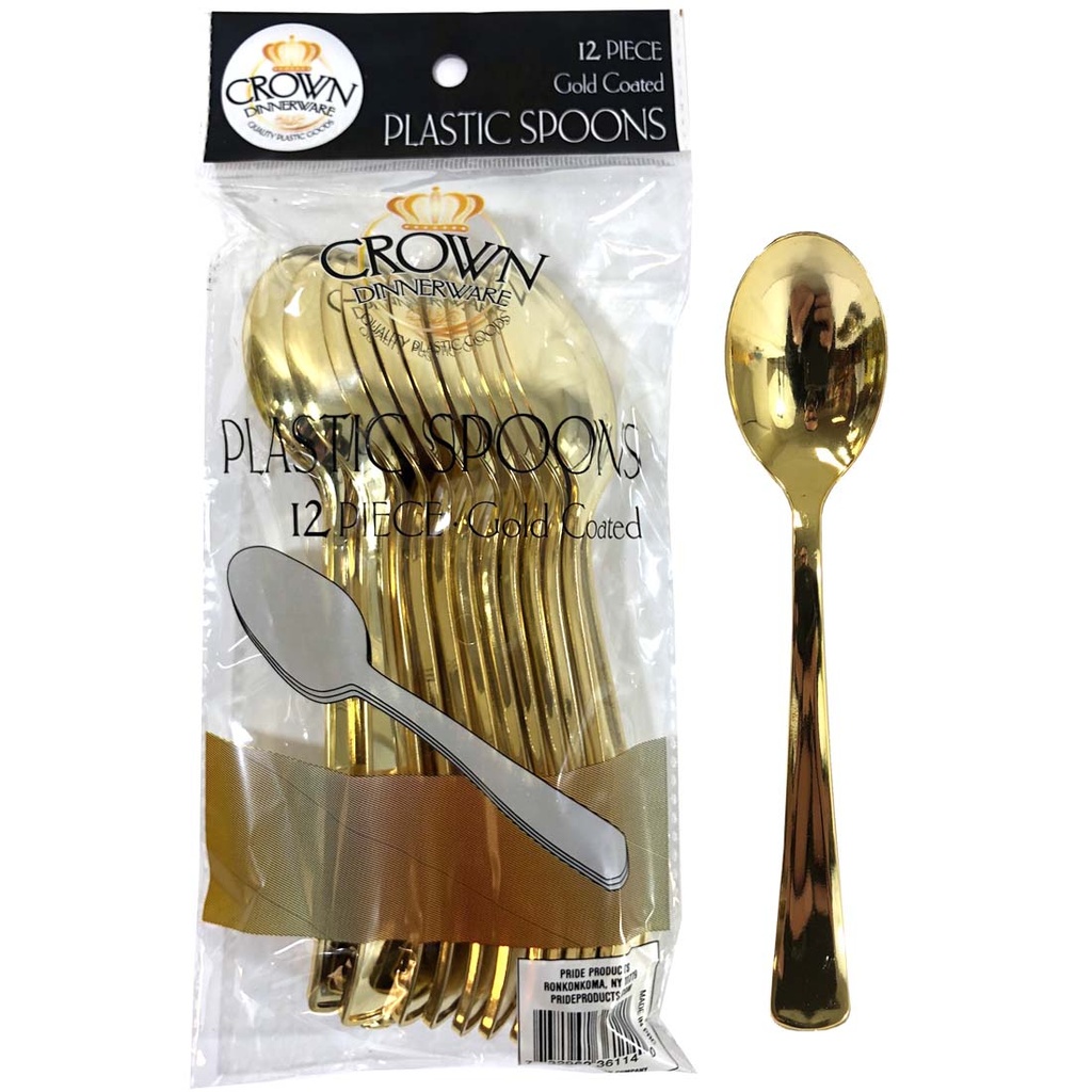 CROWN DINNERWARE PLASTIC CUTLERY SPOON 12 CT GOLD COATED