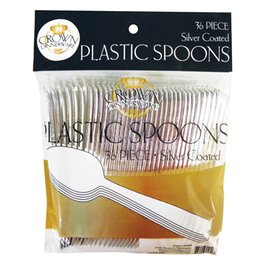 CROWN DINNERWARE PLASTIC CUTLERY SPOON 36 CT SILVER COATED