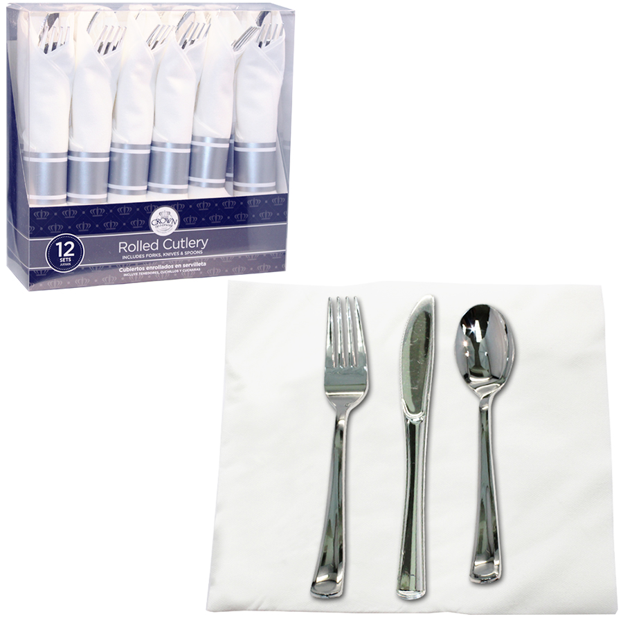CROWN ROLLED CUTLRY 12 CT COMBO + NAPKIN HOLDER SILVER (FORKS, KNIVES & SPOONS)