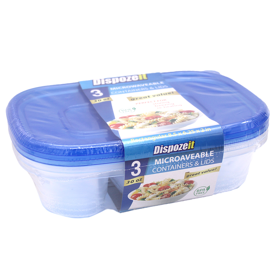 DISPOZEIT DISPOSABLE FOOD CONTAINER 30 OZ / 6 CT RECTANGLE 2 DIVIDED (3 LIDS + 3 CONTS)