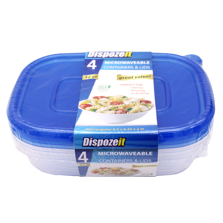 DISPOZEIT DISPOSABLE FOOD CONTAINER 32 OZ / 8 CT RECTANGLE (4 LIDS + 4 CONTS)