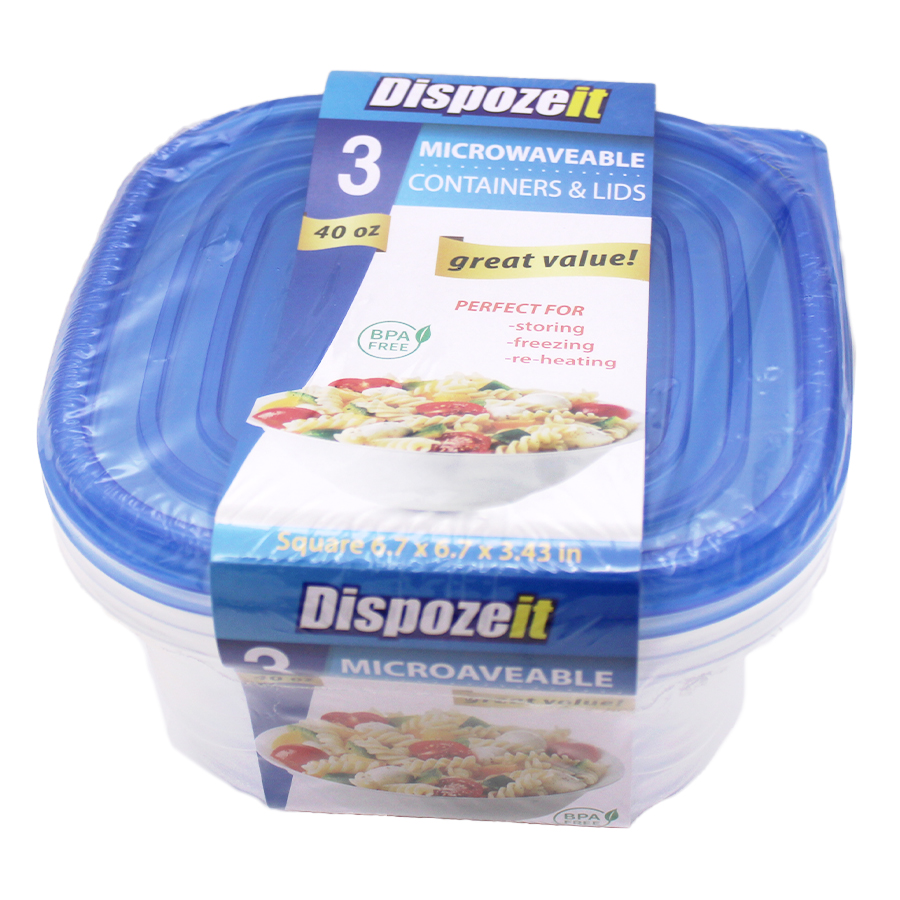 DISPOZEIT DISPOSABLE FOOD CONTAINER 40 OZ / 6 CT TALL SQUARE (3 LIDS + 3 CONTS)