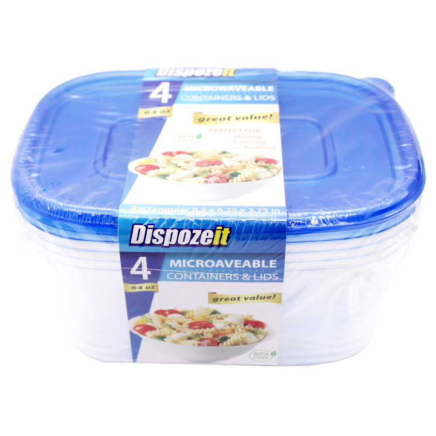 DISPOZEIT DISPOSABLE FOOD CONTAINER 64 OZ / 8 CT RECTANGLE (4 LIDS + 4 CONTS)