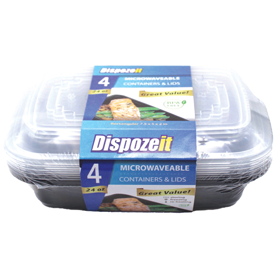 DISPOZEIT FOOD CONTAINER 24 OZ 4PK RECTANGULAR MICROWAVABLE CLEAR LID BLACK BOTTOM