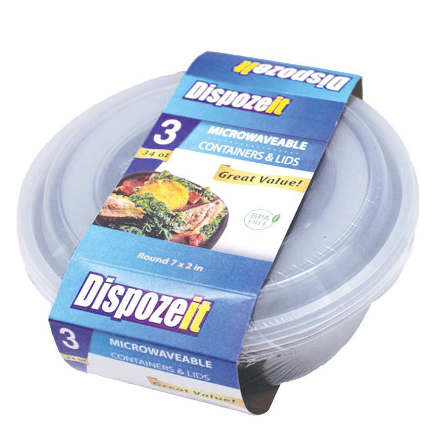 DISPOZEIT FOOD CONTAINER 34 OZ 3 PK ROUND MICROWAVABLE CLEAR LID BLACK BOTTOM
