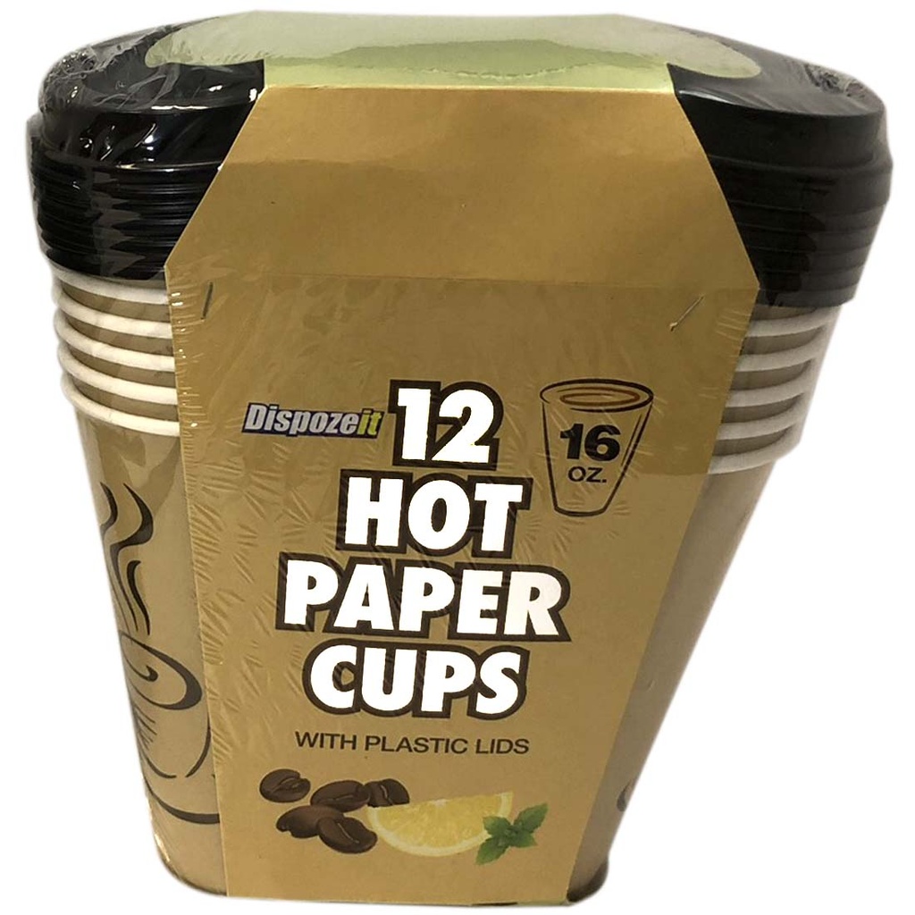DISPOZEIT HOT PAPER CUPS 16 OZ 12 CUPS + 12 LIDS