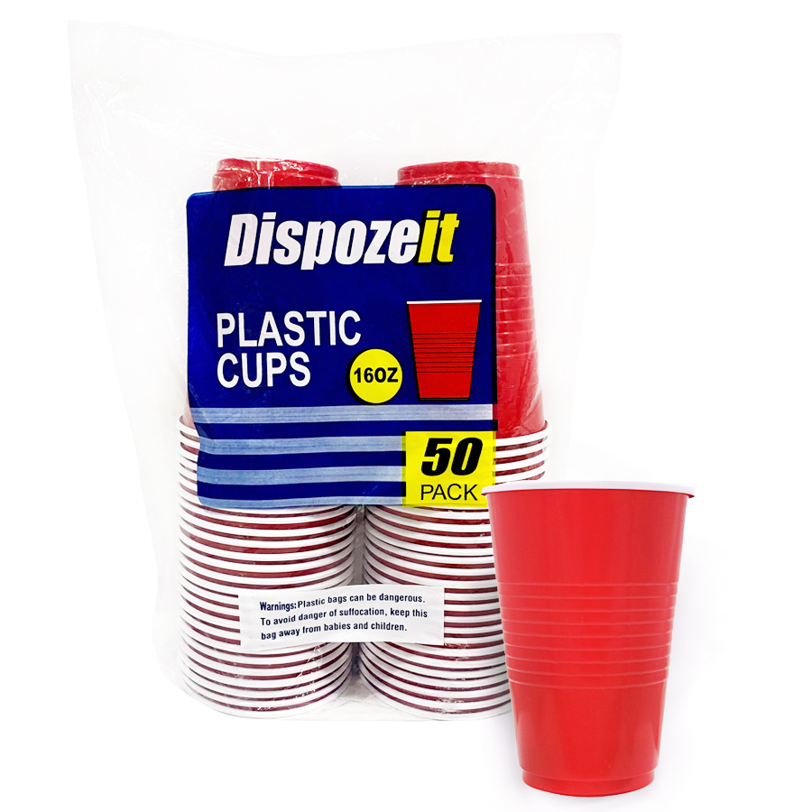 DISPOZEIT PLASTIC CUP 16 OZ / 8.5 G 50 CT RED & WHITE 2 TONE