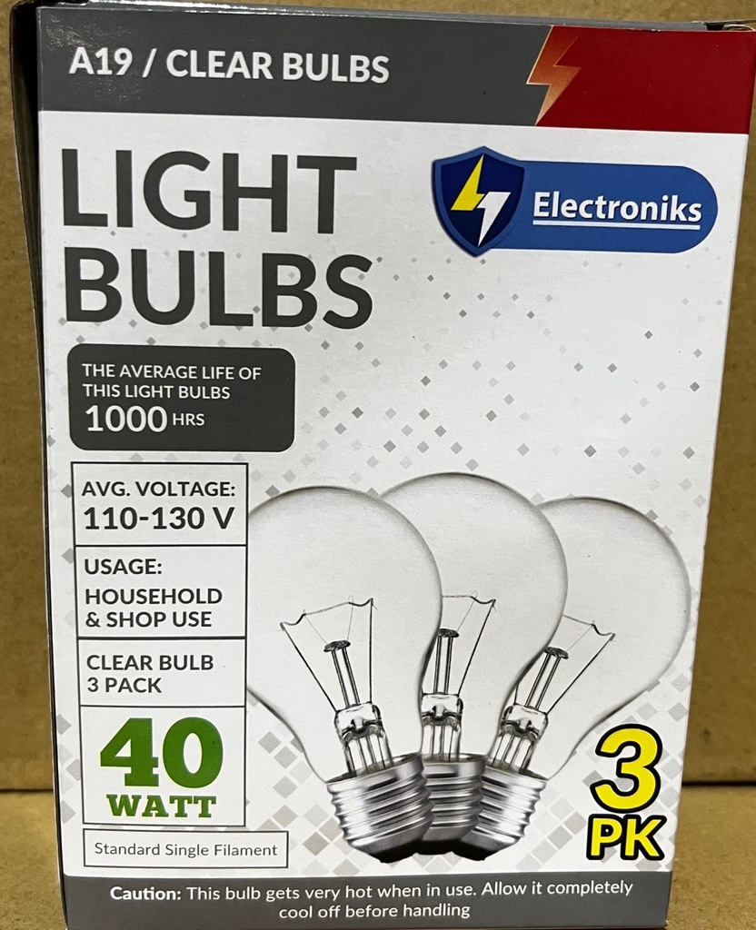 ELECTRONIKS LIGHT BULB 3 PK 40W CLEAR