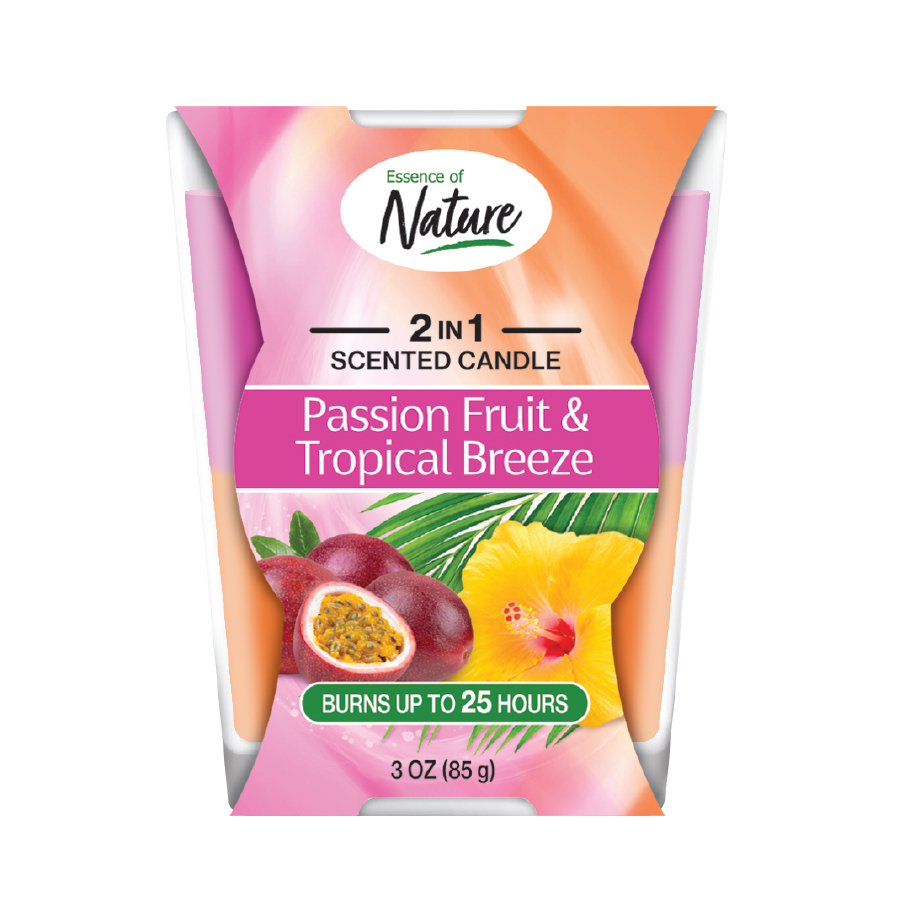 ESSENCE OF NATURE 3 OZ CANDLE IN PCP CURVE GLASS 2 IN 1 SCENT PASSION FRUIT & TROPICAL BREEZE