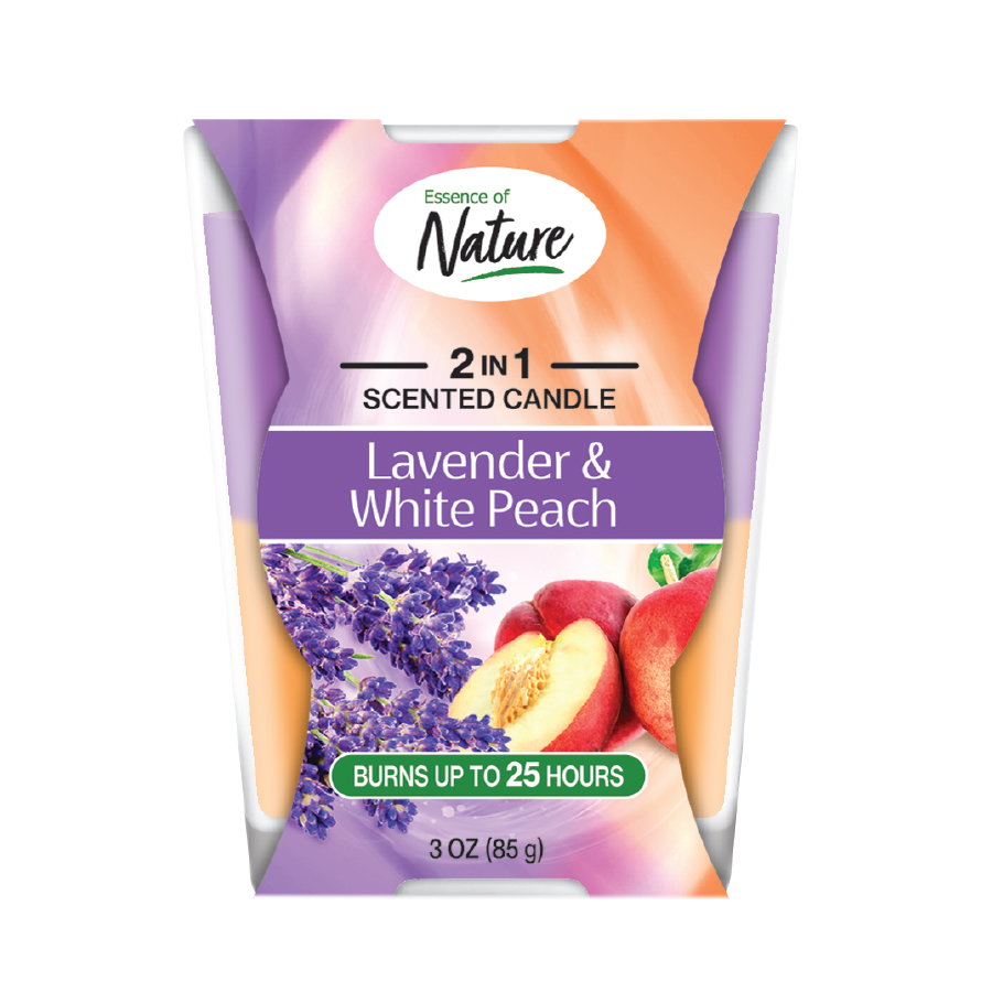 ESSENCE OF NATURE 3 OZ CANDLE PCP CURVE GLASS 2 IN 1 SCENT LAVENDER & WHITE PEACH