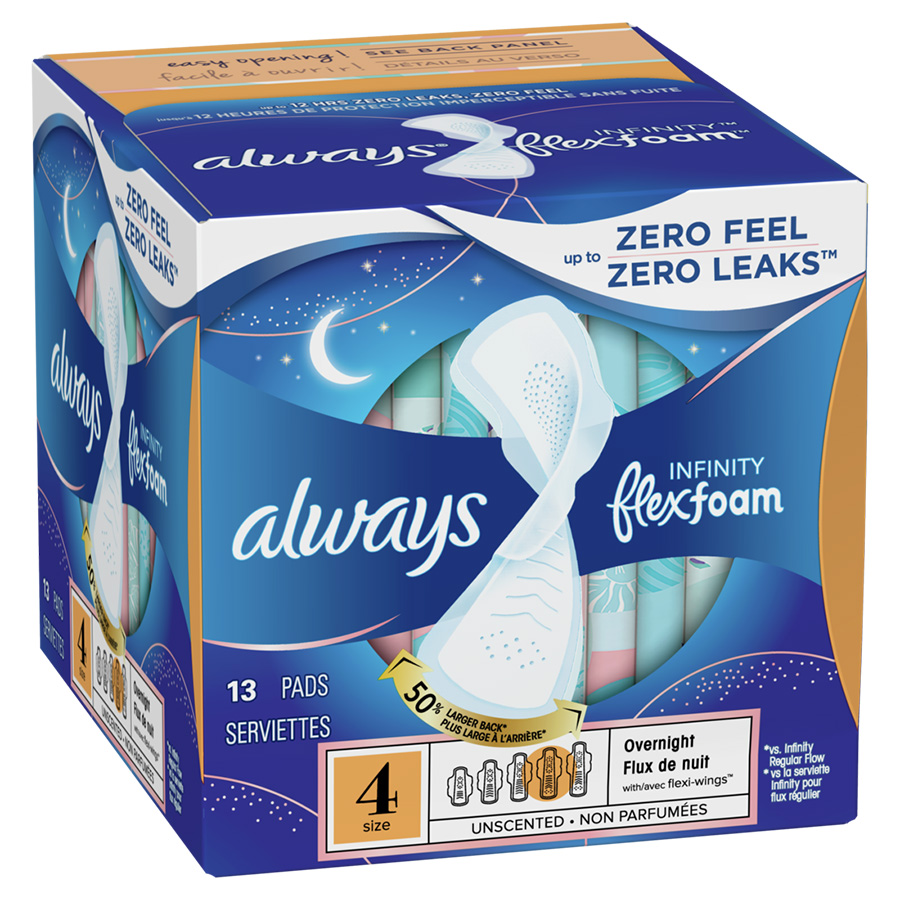 ALWAYS INFINITY FEMININE PADS 13 CT SIZE 4 OVERNIGHT WITH WINGS UNSCENTED