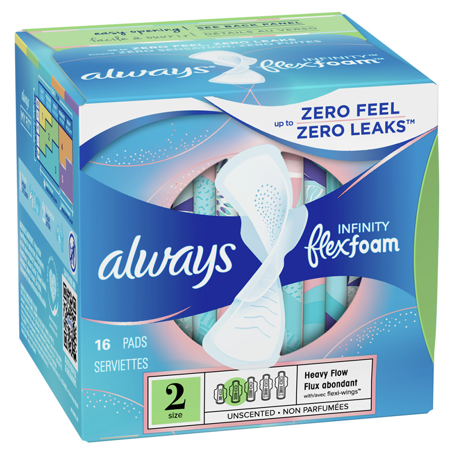 ALWAYS INFINITY FLEXFOAM PADS 16 CT SIZE 2 HEAVY FLOW ABSORBENCY WITH WINGS UNSCENTED