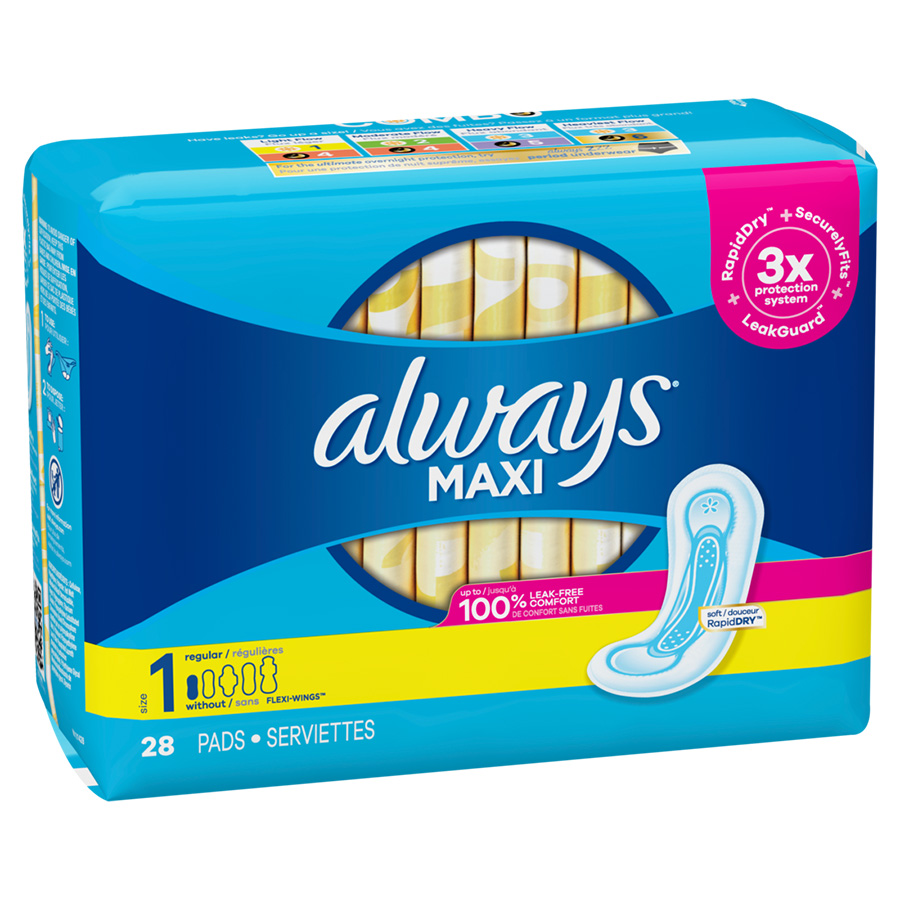 ALWAYS MAXI DAYTIME PADS 28 CT SIZE 1 WITHOUT WINGS REGULAR UNSCENTED