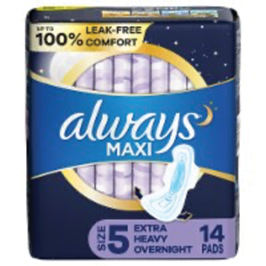 ALWAYS MAXI OVERNIGHT PAD 14 CT SIZE 5 WITH WINGS EXTRA HEAVY UNSCENTED