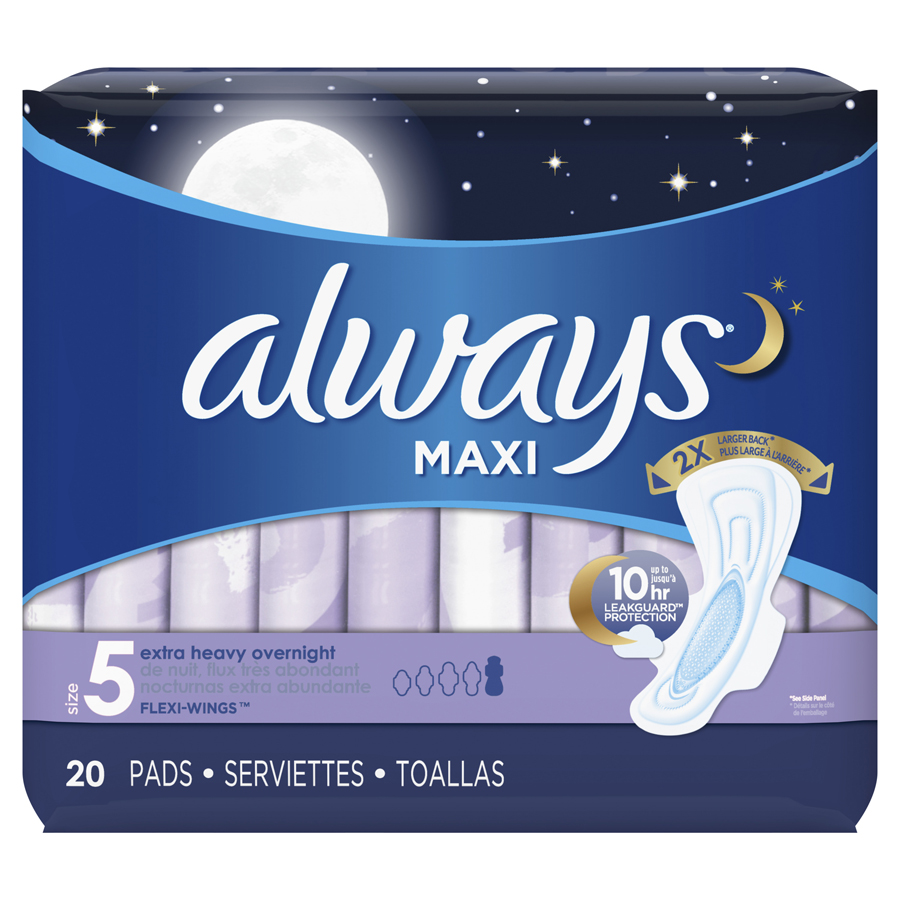 ALWAYS MAXI OVERNIGHT PADS SIZE 5 20 CT EXTRA HEAVY ABSORBENCY WINGS UNSCENTED