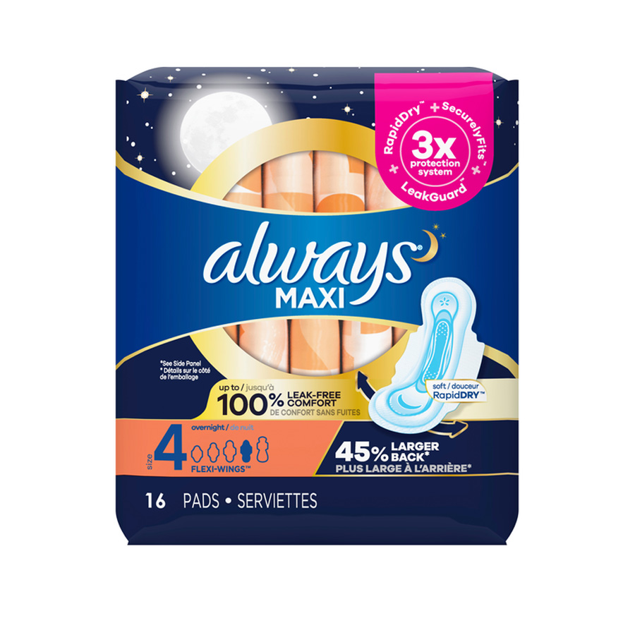 ALWAYS MAXI PADS OVERNIGHT 16 CT LEAK GUARD SIZE 4