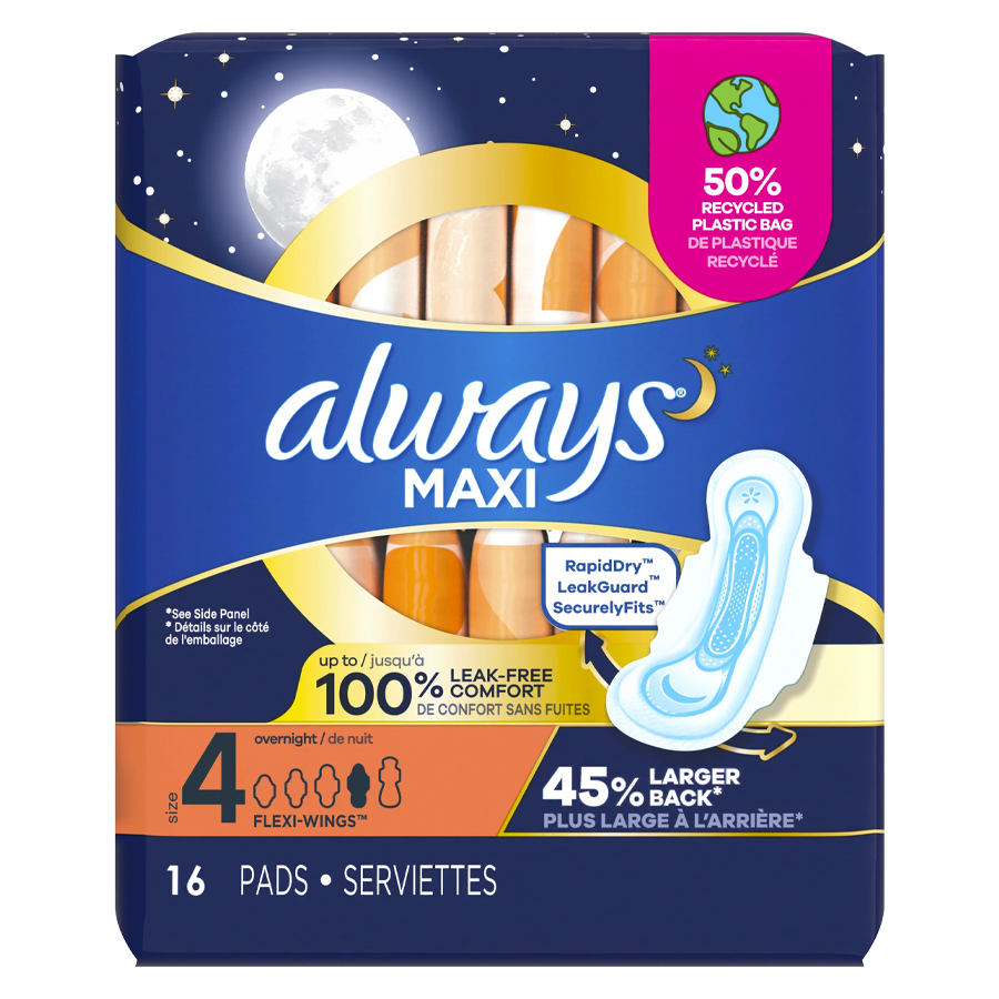 ALWAYS MAXI PADS OVERNIGHT 16 CT LEAK GUARD SIZE 4