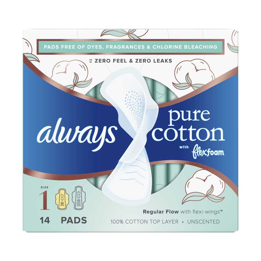 ALWAYS PADS PURE COTTON SIZE 1 14 CT REGULAR WINGS UNSCENTED