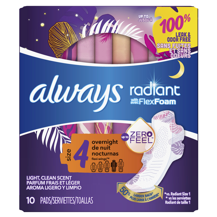 ALWAYS REDIANT FEMININE PADS 10 CT WITH FLEXFOAM SIZE 4 LIGHT CLEAN SCENT