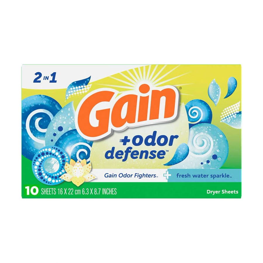 GAIN DRYER SHEETS 10 CT ODOR DEFENSE FRESH WATER SPARKLE