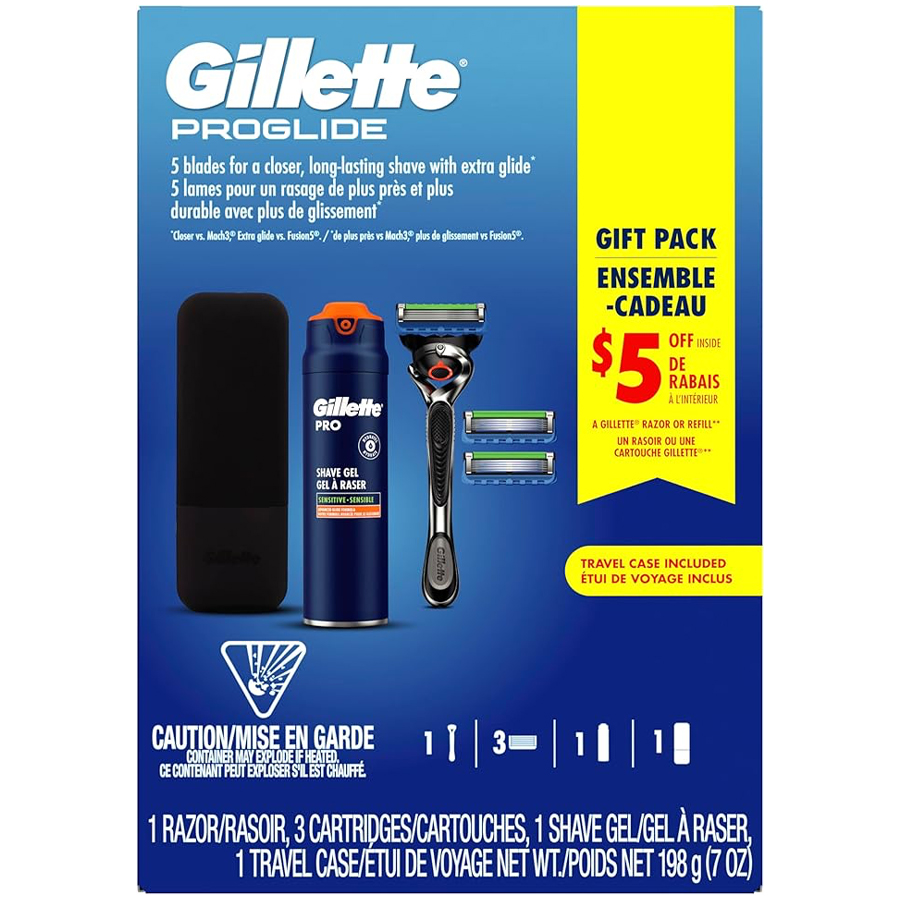 GILLETTE GIFT PACK PROGLIDE RAZOR, 3 CARTRIDGES, AND 1 SHAVE GEL
