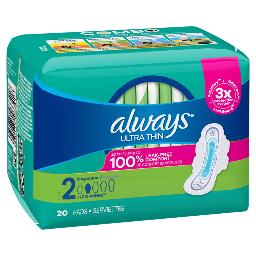 ALWAYS ULTRA THIN PADS 20 CT SIZE 2 WITH WINGS LONG SUPER UNSCENTED