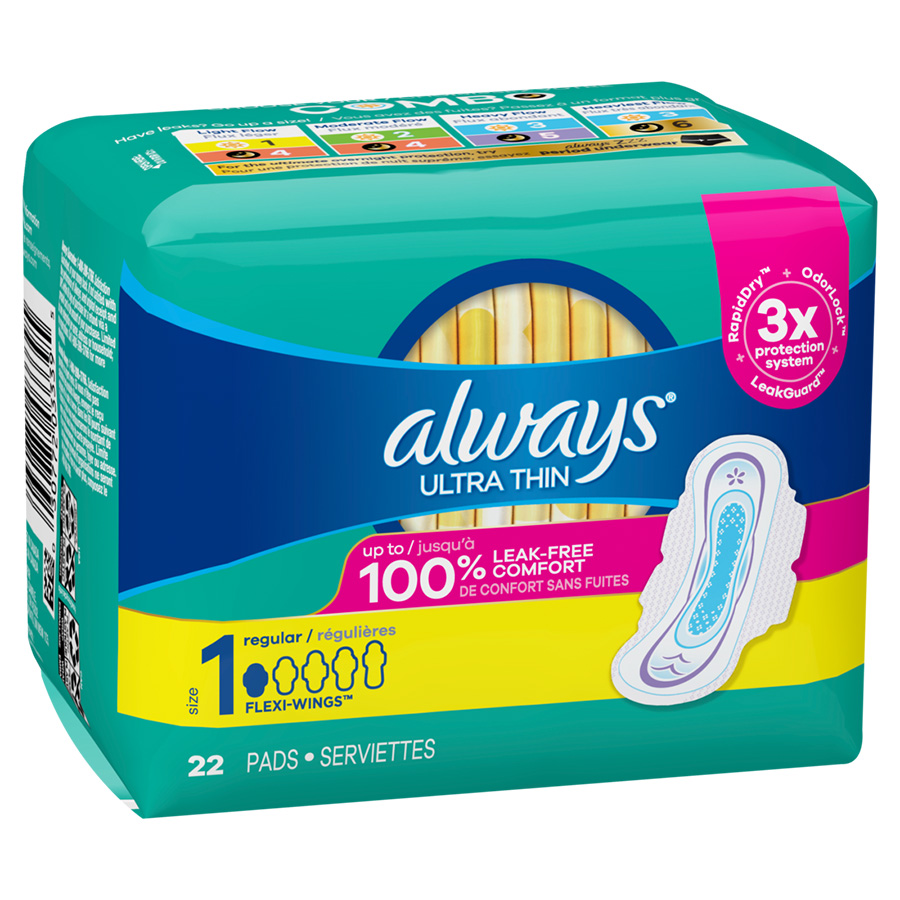 ALWAYS ULTRA THIN PADS 22 CT SIZE 1 DAYTIME WITH WINGS REGULAR UNSCENTED
